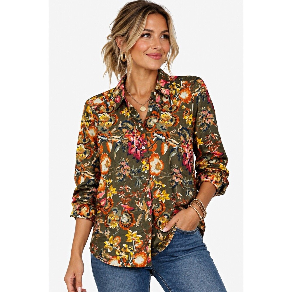 Talbots Size L 100% Cotton Floral Button Front Shirt Olive Green Boho Chic